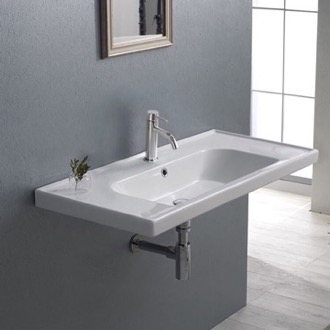 Bathroom Sink Rectangle White Ceramic Wall Mounted or Drop In Sink CeraStyle 031300-U